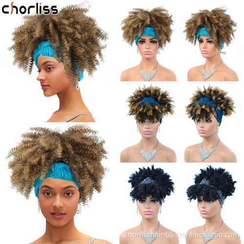 Wholesale Natural Blonde Black Heat Resistant Kinky Curly Afro Short Wig Synthetic Hair Women's Headband Wigs For Black Women